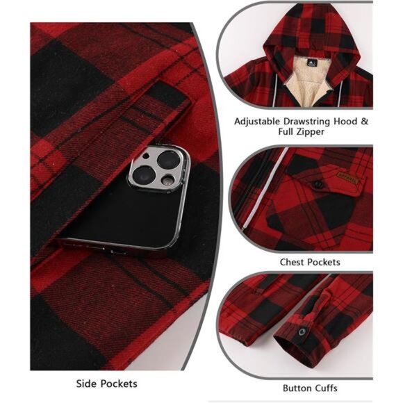 Men's Flannel Jacket Zip Up Fleece Sweatshirt Red - Picture 4 of 5